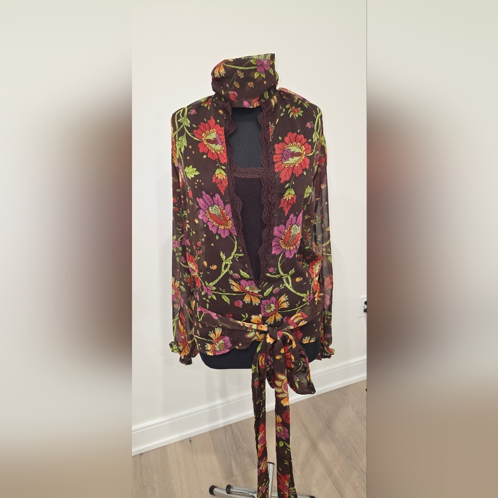 Say Chic Floral Sheer Cut Out Blouse with Waist Tie , XS